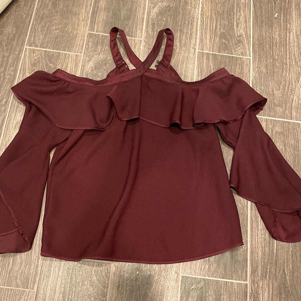 Purple off the shoulder Loft ruffle blouse, size XS.